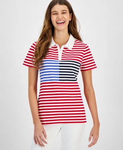 Tommy Hilfiger Women's Striped Short Sleeve Polo Shirt In Scar,bwht