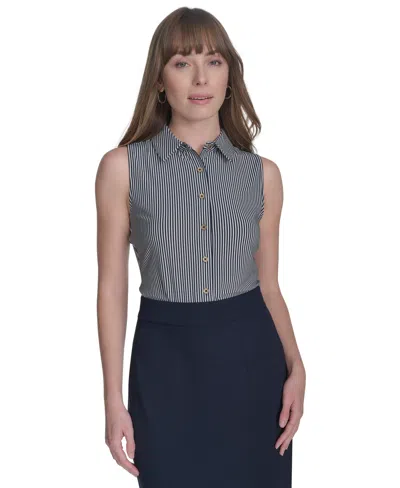 Tommy Hilfiger Women's Striped Sleeveless Button-up Blouse In Midnight,ivory