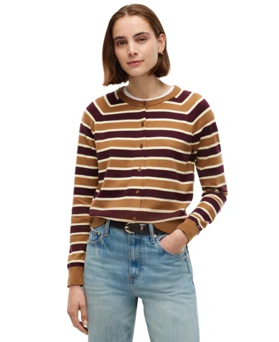 Tommy Hilfiger Women's Striped Slim-fit Crewneck Cardigan In Studio Stripe Deep Burgundy Dark Khaki