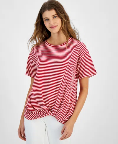 Tommy Hilfiger Women's Striped Twist-hem T-shirt In Brght Wht
