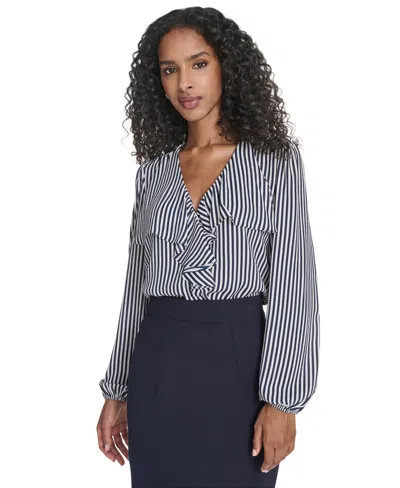 Tommy Hilfiger Women's Striped V-neck Ruffle Top In Gray