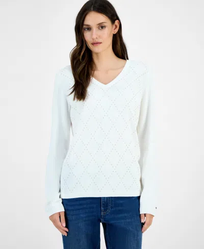 Tommy Hilfiger Women's Studded Argyle Cotton V-neck Sweater In Animal Print