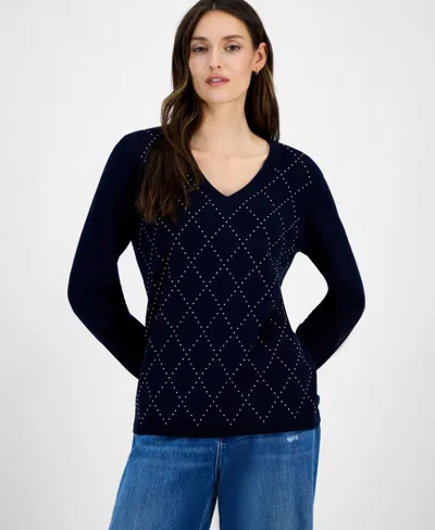 Tommy Hilfiger Women's Studded Argyle Cotton V-neck Sweater In Blue