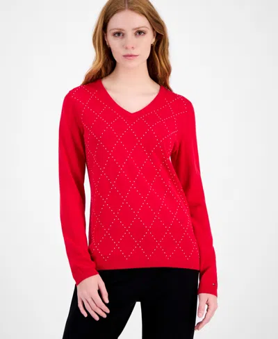 Tommy Hilfiger Women's Studded Argyle Cotton V-neck Sweater In Red