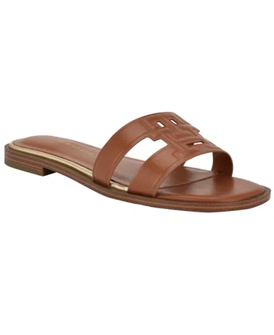 Tommy Hilfiger Women's Terenz Logo Strap Flat Slide Sandals In Brown