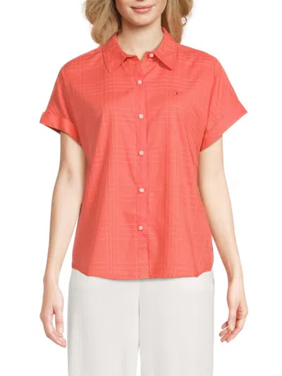 Tommy Hilfiger Women's Textured Dobby Cotton Rolled-sleeve Button Shirt In Orange