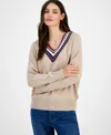 Tommy Hilfiger Women's Textured V Neck Sweater In Neutral