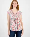 Tommy Hilfiger Plus Size Floral-print Pintucked Top, Exclusively At Macy's In Bright White Multi