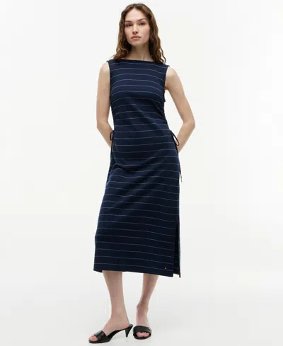 Tommy Hilfiger Women's Tie-detail Boat Neck Midi Dress In Blue