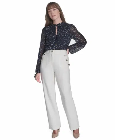 Tommy Hilfiger Women's Tie-front Popover Blouse In Midnight Ivory In Black