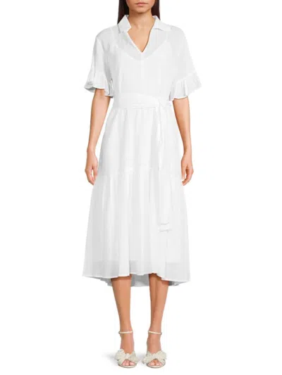 Tommy Hilfiger Women's Tiered Belted Midi Dress In Bright White