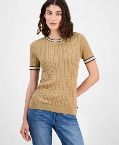 Tommy Hilfiger Women's Tipped Short-sleeve Sweater In Brown