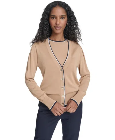 Tommy Hilfiger Women's Tipped V-neck Cardigan Set In Brown