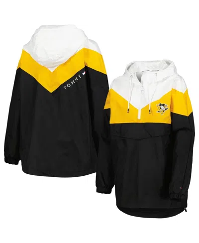 TOMMY HILFIGER WOMEN'S TOMMY HILFIGER BLACK, GOLD PITTSBURGH PENGUINS STACI HALF-ZIP WINDBREAKER JACKET