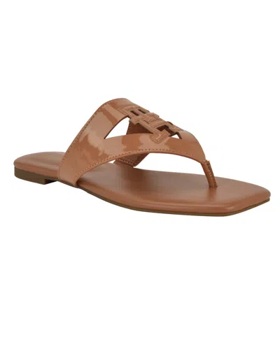 Tommy Hilfiger Women's Tremmy Cutout Logo Flat Thong Sandals In Brown Patent