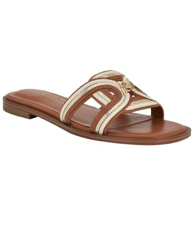 Tommy Hilfiger Women's Tressi Logo Flat Slide Sandals In Cognac,gold
