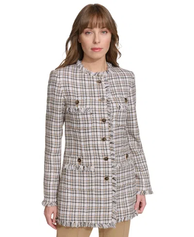 Tommy Hilfiger Women's Tweed Fringe-trimmed Button-down Jacket In Beige Multi
