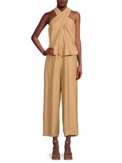 Tommy Hilfiger Women's Twist-front Halter Peplum Cropped Wide-leg Jumpsuit In Brown