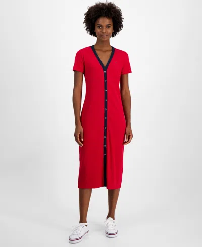 Tommy Hilfiger Women's V-neck Button-front Midi Dress In Scarlet
