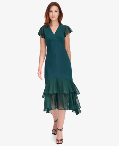 Tommy Hilfiger Women's V-neck Chiffon-trim Midi Dress With Flutter Sleeves In Green