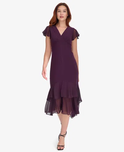 Tommy Hilfiger Women's V-neck Chiffon-trim Midi Dress With Flutter Sleeves In Purple