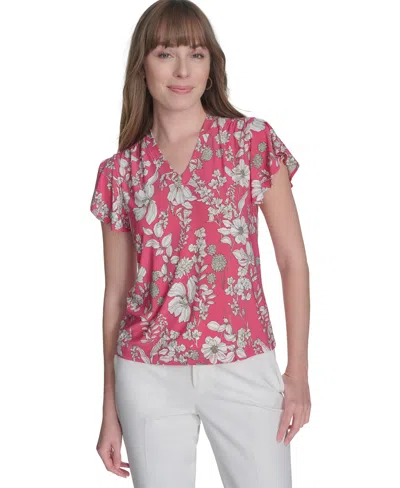 Tommy Hilfiger Women's V-neck Flutter-short-sleeve Top In Rosette,ivory