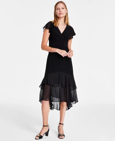 Tommy Hilfiger Women's V-neck How-low Hem Chiffon-trim Dress In Black
