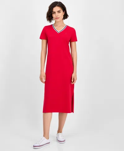 Tommy Hilfiger Women's V-neck Short-sleeve Midi Dress In Red