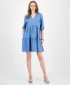 Tommy Hilfiger Women's V-neck Tiered Chambray Dress In Gray