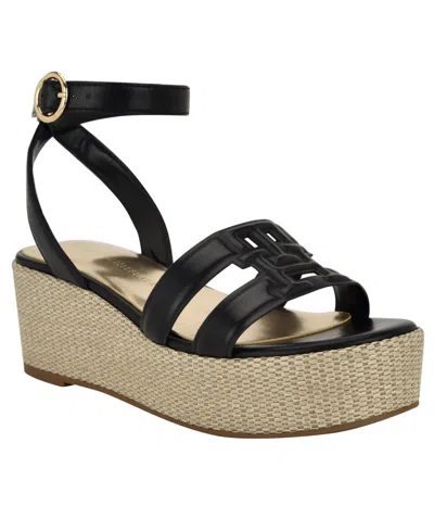 Tommy Hilfiger Women's Vastie Raffia Platform Wedge Sandals In Black