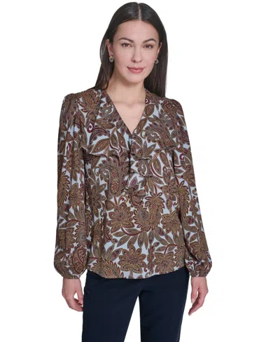 Tommy Hilfiger Women's V-neck Long-sleeve Ruffle Blouse In Multi