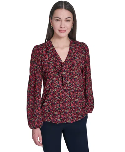 Tommy Hilfiger Women's V-neck Ruffle Pull-on Blouse In Gray