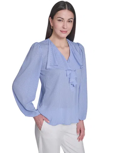 Tommy Hilfiger Women's V-neck Striped Ruffle Blouse In Blue