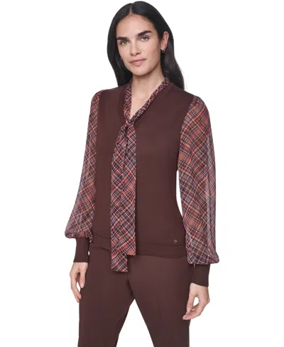 Tommy Hilfiger Women's V-neck Tie-neck Sweater In Brown