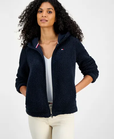 Tommy Hilfiger Women's Zip-front Long-sleeve Sherpa Jacket In Blue