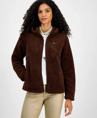 Tommy Hilfiger Women's Zip-front Long-sleeve Sherpa Jacket In Brown