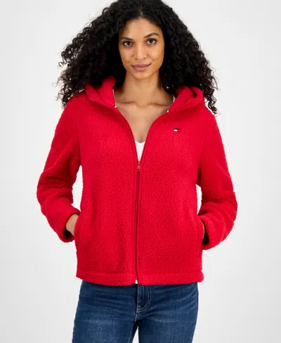 Tommy Hilfiger Women's Zip-front Long-sleeve Sherpa Jacket In Red