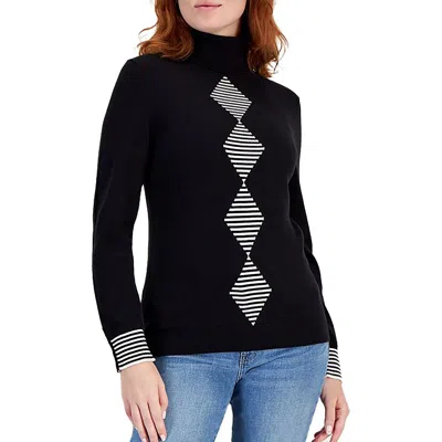 Tommy Hilfiger Womens Argyle Knit Turtleneck Sweater In Black,ivory