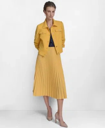 Tommy Hilfiger Womens Boucle Trucker Jacket Ruffled Blouse Pleated Pull On Midi Skirt In Deep Maize