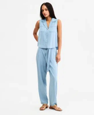 Tommy Hilfiger Womens Chambray Collared Sleeveless Shirt Tapered Pants In Blue