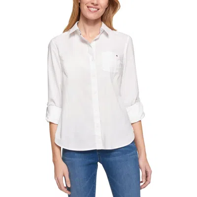 Tommy Hilfiger Womens Collar Rolled Sleeve Button-down Top In Brt White