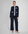 Tommy Hilfiger Womens Contrast Stand Collar Blazer Ruffled Mixed Media Top Ponte Bootcut Pants In Ivory