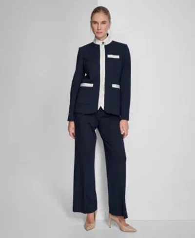 Tommy Hilfiger Womens Contrast Stand Collar Blazer Ruffled Mixed Media Top Ponte Bootcut Pants In Ivory