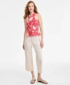 Tommy Hilfiger Womens Floral Print Sleeveless Peplum Halter Top Wide Leg No Waistband Cropped Denim Jeans In White