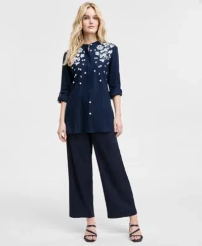 Tommy Hilfiger Womens Floral Puff Print Tunic Wide Leg Pants In Sky Captain
