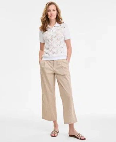 Tommy Hilfiger Womens Lace Front Short Sleeve Cotton Top Striped Extended Tab Cropped Pants In White