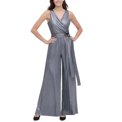 Tommy Hilfiger Womens Metallic Faux Wrap Jumpsuit In Silver