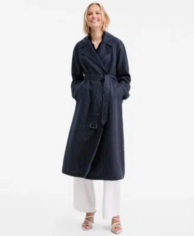 Tommy Hilfiger Womens Nautical Stripe Trench Coat Pointelle Collar V Neck Sweater Cotton Wide Leg Pants In Pin Stripe Navy
