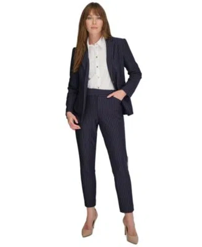 Tommy Hilfiger Womens Pinstriped Blazer Puff Print Shirt Pants In Mdngt,taba
