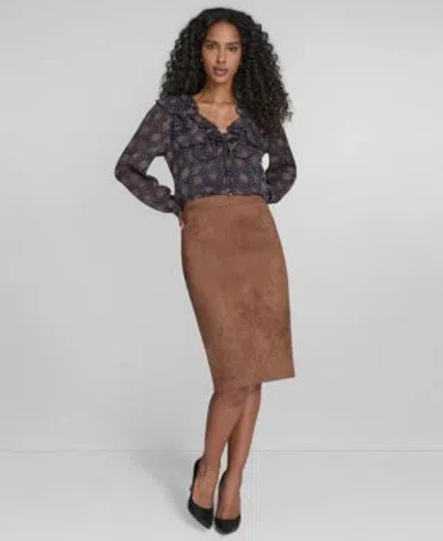 Tommy Hilfiger Womens Posy Ruffle Long Sleeve Blouse Scuba Sueded Knee Length Pencil Skirt In Brown
